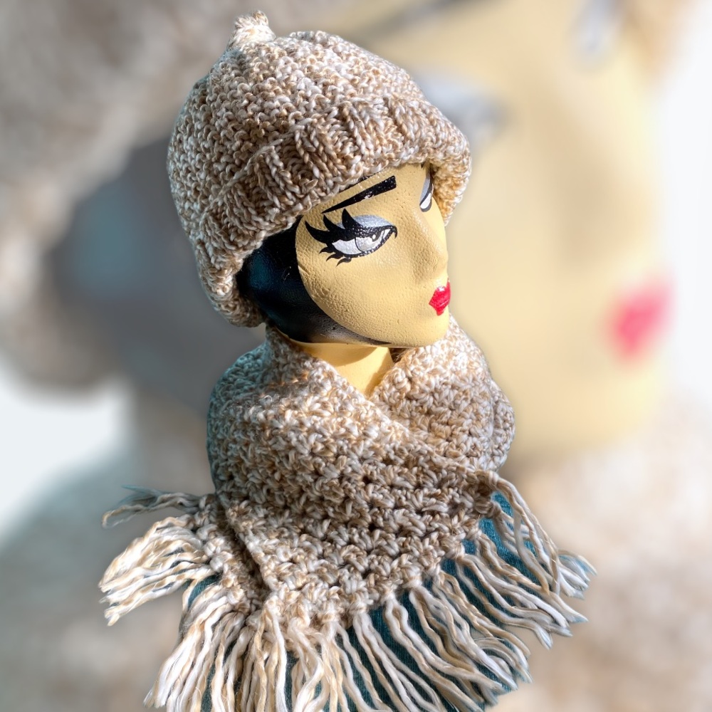 Cute HandKnit Long Scarf + Knot Top Beanie Set